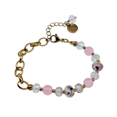 16 - 20cm Armband Dames - Verguld RVS - Ovale Schakelarmband met Kristallen - Murano-Glaskralen en Roze Chalcedoon Jade Stenen
