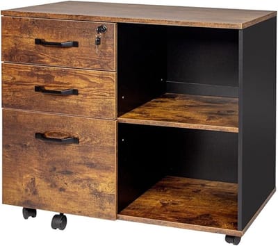 Dossierkast - Bureau met Ladekast - 3 Lades – 2 Legplanken – Slot – 4 Wieltjes – Bruin-Zwart – 66 x 80 x 40 cm