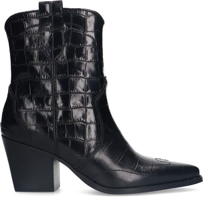 Manfield - Dames - Zwarte leren croco enkellaarsjes met hak - Maat 41