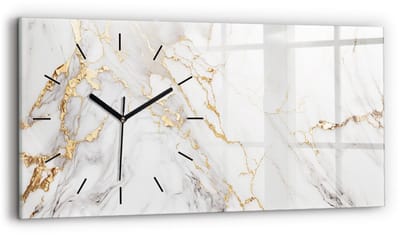 Wallfluent Wandklok - Decoratief marmer Decoratieve Wandklok - 60 cm x 30 cm - Wit Wandklok - Zwarte Handen - Wandklok Zonder Cijfers - Wandklok Glas Woonkamer - Glazen Klok Rechthoekige - Industrieel Wandklok - Stijlvolle Klok