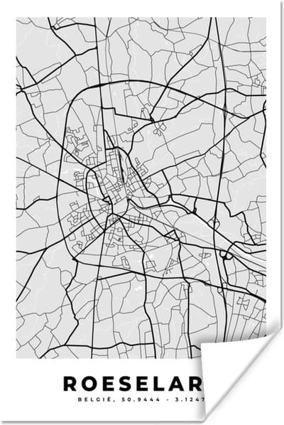 Poster Stadskaart – Plattegrond – België – Zwart Wit – Roeselare – Kaart - 120x180 cm XXL