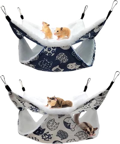 Zachte Pluche Hangmat voor Kleine Dieren, Dubbele Laag met Metaal Haakjes voor Hamsters, Cavia's en Fretten (30×30cm/ Wit + Blauw)