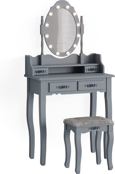 Vicco Maggie Kaptafel set met kruk – 75 cm met LED-verlichting en kruk Grijs