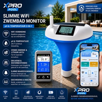 XPRO POOL | Floating Smart WIFI Water Monitor – pH & Temperatuur Meter – Solar + Lithium Opladen – 2 in 1 Zwembad Monitor