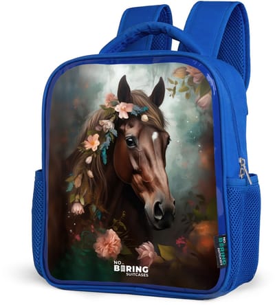NoBoringSuitcases.com® - Rugzak blauw - Schooltas jongens - Donkerbruin - Paard - Bloemen - Bladeren - Kinder rugtas jongen - Boekentas kind - Kinderrugzak voor school - Schoolrugzak