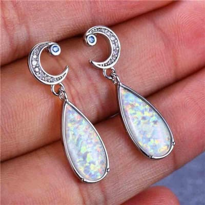 Luxe Teardrop Stone Moon Drop Oorbellen voor vrouwen Bruiloft 925 Sterling Zilver Gevulde Waterdruppel Blauwe Witte Vuur Opaal Oorbellen white