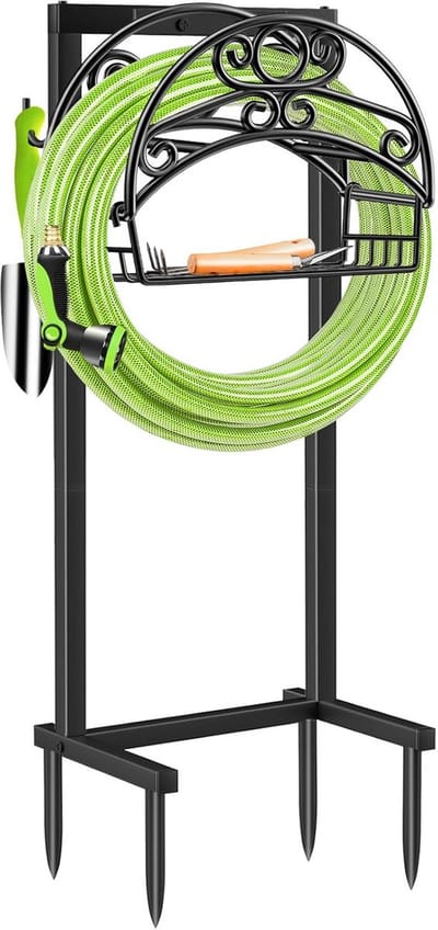 Tuinslanghouder - Slanghanger organizer - Tuinonderhoud - Met opbergmand - 108 cm hoog - Zwart