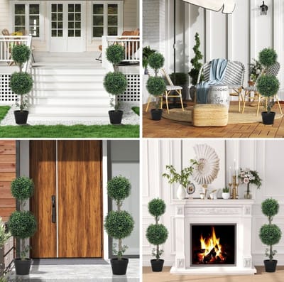 MEUNIQ kunstmatige buxus 2-delige set 91,6 cm in pot met UV-bescherming, bolvormige kamerplant voor binnen en buiten, groen