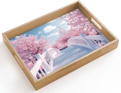 Dienblad hout 40x30 cm - Schootdienblad - Brug - Kersenbomen - Wit - Borrelplank rechthoek - Plateau dienbladen