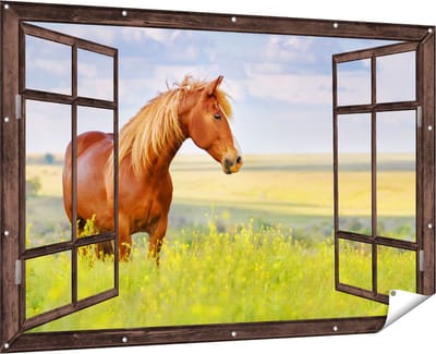 Gards Tuinposter Doorkijk Bruin Paard in de Wei - 180x120 cm - Tuindoek - Tuindecoratie - Wanddecoratie buiten - Tuinschilderij