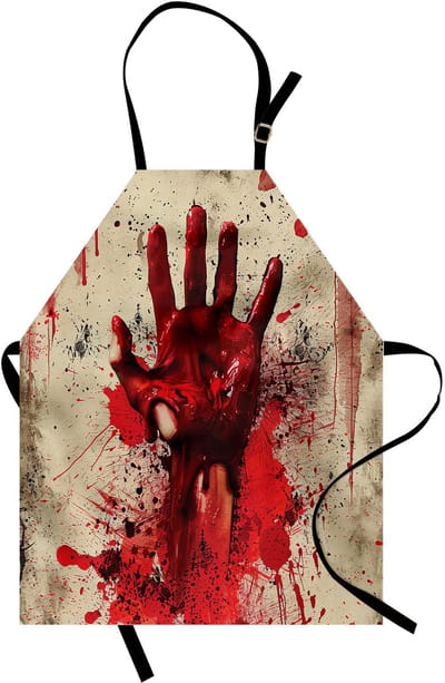 ABAKUHAUS Halloween-kookschort, Bloederig handhorroreffect, Unisex-keukenslab met verstelbare halsband voor koken en tuinieren, Rood, zinnoberrood, eierschaalkleur