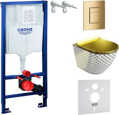 Inbouwreservoir Complete Toiletset Grohe Solido 39069000 - Inbouw WC Hangtoilet Wandcloset Sofi Slim Checked Gold - Bedieningsplaat Skate Cosmopolitan 38732GL0 Gouden - Voorwandelement