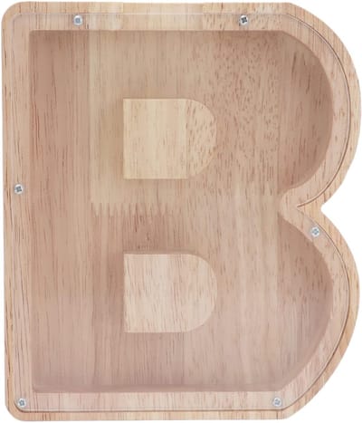 Houten spaarpot - Geldkistje decoratie - Thuis sparen - Lettervormig ontwerp - 30x20x3 cm - Houtkleur