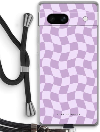 Case Company® - Hoesje met koord geschikt voor Google Pixel 7A hoesje met Koord - Grid Paars - Telefoonhoesje met Zwart Koord - Bescherming aan alle Kanten en Over de Schermrand