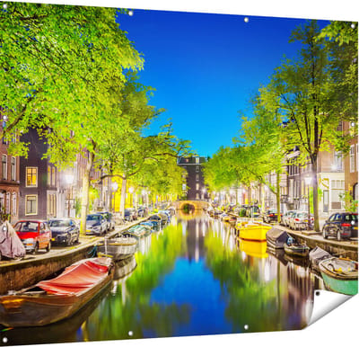 Gards Tuinposter Amsterdamse Gracht in de Nacht - 150x120 cm - Tuindoek - Tuindecoratie - Wanddecoratie buiten - Tuinschilderij