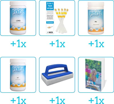 Zwembad Onderhoudspakket - Onderhoud Zwembad - bevat Chloor - Testrips - PH-min - PH-plus - Scrubborstel en Zwembadgids (6-delig)