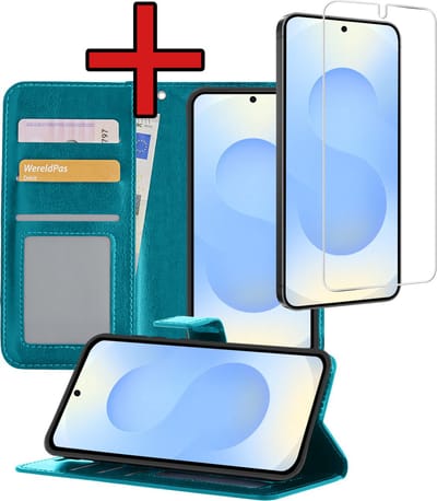 Hoesje - Met Screenprotector - Geschikt voor Samsung Galaxy S25 - Luxe Pasjeshouder - Flipcase - Bookcase Portemonee - Flip Case - Kunstleer Book Case - Book Cover - Walletcase - Portemonneehoes - Telefoonhoes - Turquoise