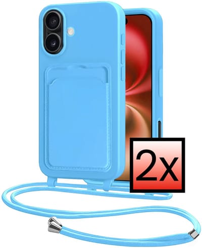 Hoes Geschikt voor iPhone 16 Plus Hoesje Pasjeshouder Cover Met Koord Case Siliconen Hoes Met Telefoonkoord en Kaarthouder - Lichtblauw - 2 PACK