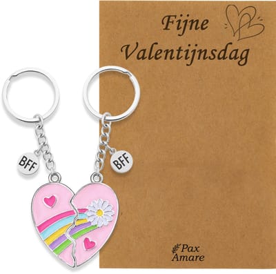 Koppel Sleutelhanger voor 2 'Fijne Valentijnsdag' - Roze Hartje met Bloem - Sleutelhanger set op Cadeau Kaartje - Zilverkleurig - Vriendschap of Relatie Symbool - Pax Amare