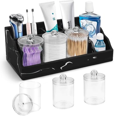 Tandenborstelhouder Badkamer van Hars - Badkamer Organizer met Opbergpot en 3 Accessoires - Opbergrek voor Tandenborstels, Tandpasta en Badkameraccessoires - Zwart