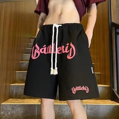 Eenvoudige Stijl Schuimletter Bedrukking Effen Kleur Werkshort Heren Straat Los Sport Vijf-minuten Achterbroek 2XL black