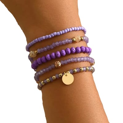 Bohemian Armbanden Set van 5 - Paars - Handgemaakte Wikkelarmbanden voor Dames & Vrouwen - Kleurrijke Kralenarmbanden, Elastisch & Comfortabel - Sieraden Cadeau Idee Moederdag
