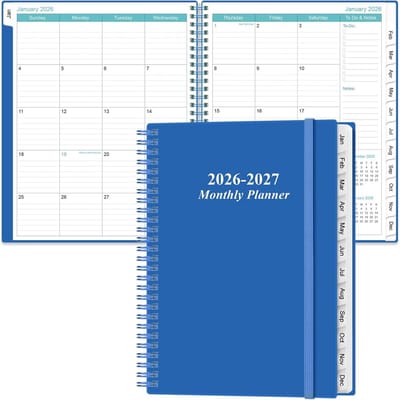 Grote Maandplanner 2025-2026 (Okt '25 - Dec '26) met Tabs en Zak - Groenblauw
