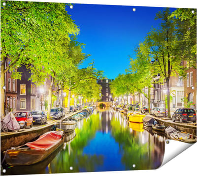 Gards Tuinposter Amsterdamse Gracht in de Nacht - 120x90 cm - Tuindoek - Tuindecoratie - Wanddecoratie buiten - Tuinschilderij