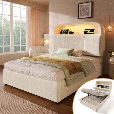 Gestoffeerd Eenpersoonsbed - 90x200 cm - Verstelbaar Opberghoofdbord - LED en USB Type-C - Fluweel - Beige