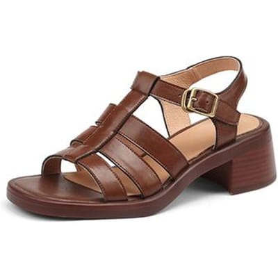 Dames Sandalen Retro Koeienleer Luxe Romeinse Sandalen Casual Gesp Riem Zomer Schoenen Gladiator Dikke Hak Dames Schoenen 35 bruin