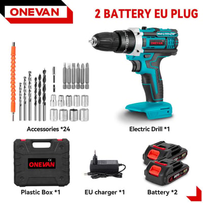 ONEVAN 25+3 Couple Perceuse à percussion électrique Multifonctionnelle 2 Vitesses Perceuse à percussion sans fil Outil électrique Pour Batterie Makita 18V Broche 2Battery-Blue A