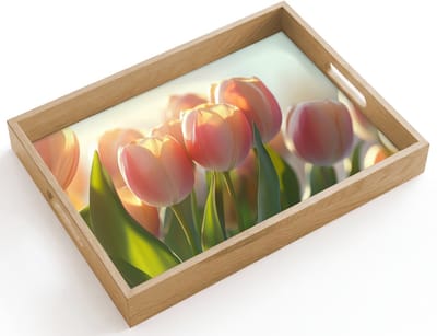 Dienblad hout 40x30 cm - Schootdienblad - Tulpen - Roze - Zonnestralen - Borrelplank rechthoek - Plateau dienbladen