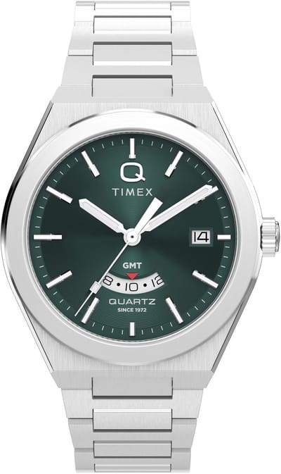 Timex Q Timex Continental Gmt Quartz Analoog Horloge Zilverkleurig En Groen Kast Gemaakt Van 100% Roestvrij Staal En Een Armband Van 100% Roestvrij Staal 39 TW2Y24800AJ