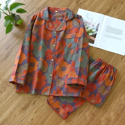 Japanse lente- en herfst nieuwe dames pyjamaset 100% katoen vintage lange mouwen broek tweedelige set voor woninginrichting L brown