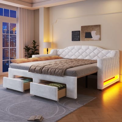 REDOM - Uitschuifbaar Dagbed - Met 2 Laden En Ledverlichting - Gestoffeerd - Voor Slaapkamer - MDF - Wit - 90x200 Tot 180x200 Cm
