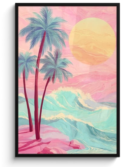 Poster in lijst - Fotolijst 80x120 cm - Posters - Palmbomen - Golven - Zee - Posterlijst zwart - Decoratie - Wanddecoratie woonkamer - Muurdecoratie slaapkamer