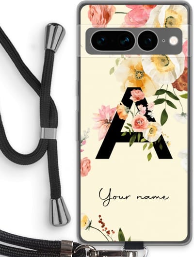 Gepersonaliseerd - Case Company® - Hoesje met koord geschikt voor Google Pixel 7 Pro hoesje met Koord - Flirty Flowers Monogram - Telefoonhoesje met Zwart Koord - Bescherming aan alle Kanten en Over de Schermrand