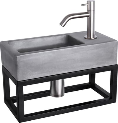 Differnz Ravo Fonteinset 38.5x18.5x25cm 1 kraangat gebogen mat chrome kraan met sifon en afvoerplug fontein Rechthoek Beton Donker grijs