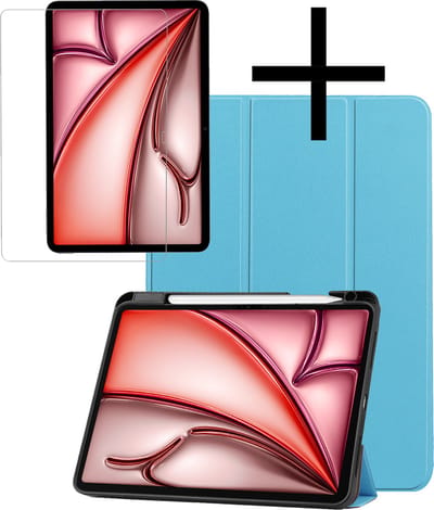 Hoes - Geschikt voor Apple iPad Air (2024/2025/2026) - 11 inch - Met Screenprotector - Trifold Bookcase - Hard Cover Case - Met Uitsparing Geschikt voor Apple Pencil - Hardcover Book - Tablet Hoesje - Lichtblauw
