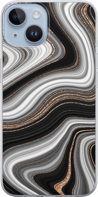 Leuke Telefoonhoesjes - Hoesje geschikt voor iPhone 14 - Abstract waves - Soft case - TPU - Bloemen - Zwart, Goud