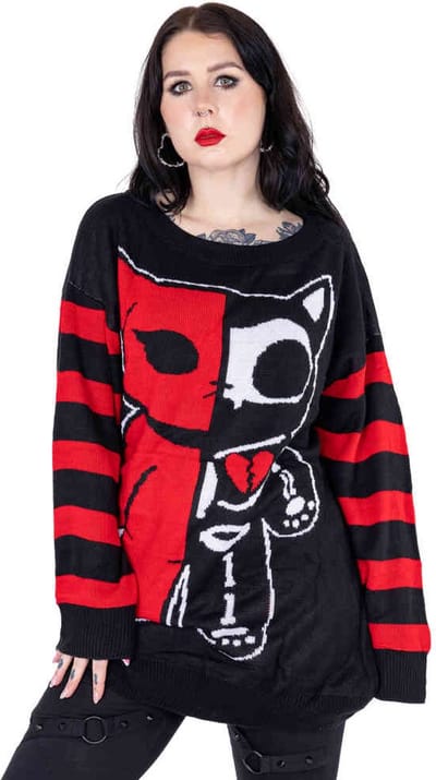 Cupcake Cult - Half Dead Cat Gebreide trui - XXL - Zwart/Rood
