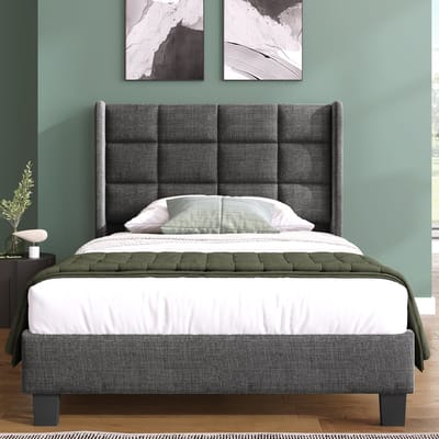 Modern Enkelbed 90x200cm - Gepolst kopstuk, linnen, grijs, lattenbodem (zonder matras)