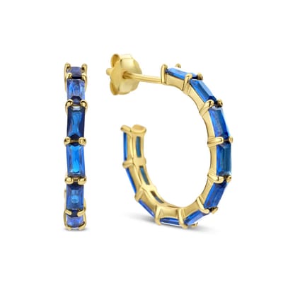 New Bling 9NB-0927 Zilveren Halve Oorringen - Dames - Zirkonia - Baquette - 19 mm Doorsnee - Blauw - Goudkleurig