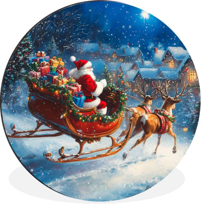 WallCircle - Wandcirkel - Muurcirkel - Kerstman - Rendier - Kerst - Sneeuw - Aluminium - Dibond - 90x90 cm - Binnen en Buiten