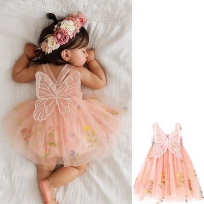 Joya Kids® Baby Meisjes Prinsessenjurk met Vlinders en Bloemen | Feeën Tule Feestjurk zonder Mouwen voor Verjaardag, Bruiloft, Doop of Fotoshoot | Baby Foto Outfit | Photoshoot Peuter | Zacht Roze | Maat 80