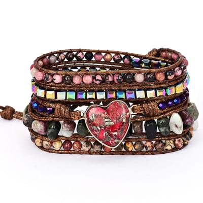 Marama - Wikkelarmband Red Heart - Vegan leer - Natuursteen - Dames Armband - Hartje - Geschenkdoosje
