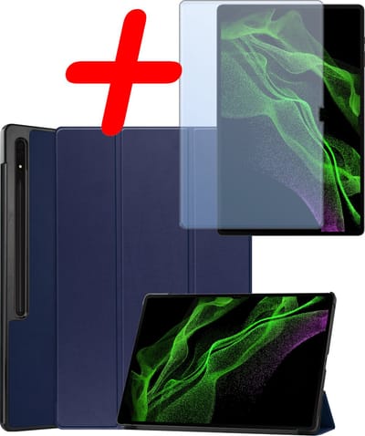 Hoesje Geschikt voor Samsung Galaxy Tab S9 Ultra - Met Screenprotector - Trifold Bookcase - Hard Cover Case - Met Uitsparing Geschikt voor S Pen - Hardcover Book - Tablet Hoes - Donkerblauw