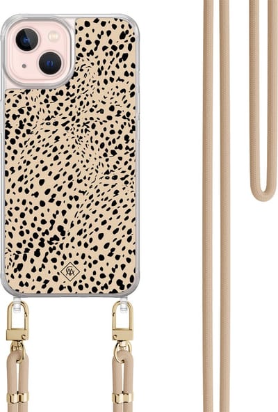 Casimoda® hoesje met beige koord - Geschikt voor iPhone 13 - Stippen bruin abstract - Afneembaar koord - TPU/acryl - Bruin/beige