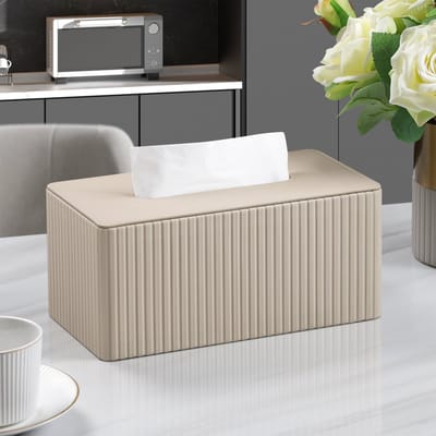 KZQ Stijlvolle Tissueboxhoes Van Pu Leer Beige Stria Rechthoekig Met Magnetische Onderzijde Voor Badkamer Slaapkamer En Kantoor