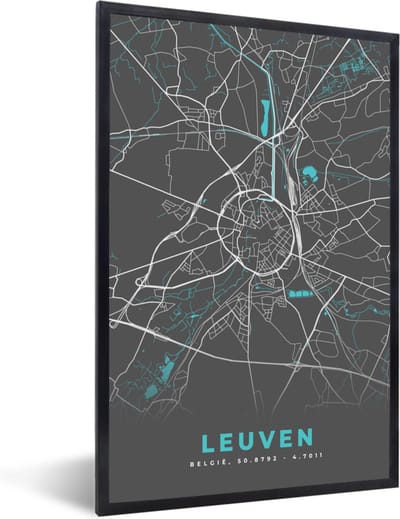 Fotolijst incl. Poster - Plattegrond – Leuven – Blauw – Stadskaart - Kaart - België - 40x60 cm - Posterlijst